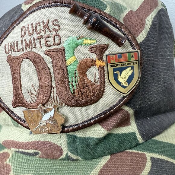 Vintage Ducks Unlimted Camo Patch Hat with Pins Made in USA Trucker Hunting Camp - Picture 3 of 14